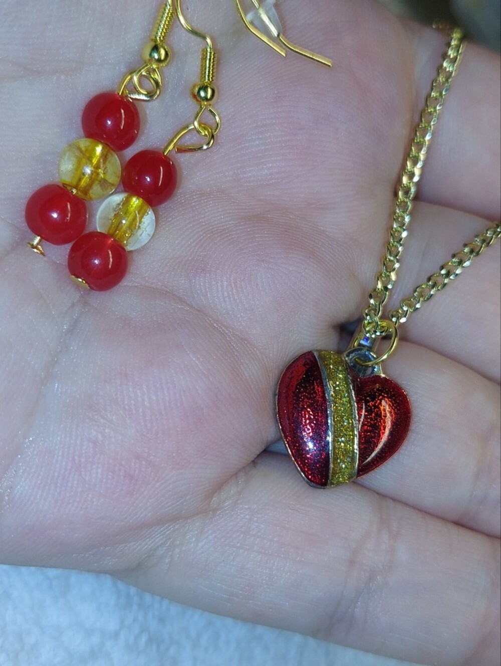 Royal Red Heart Pendant Necklace with Gold Accent With Earrings
